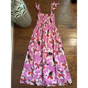 Tea Collection Smocked Floral Cotton Dress Womens XS Pink Tie Shoulder Pocket